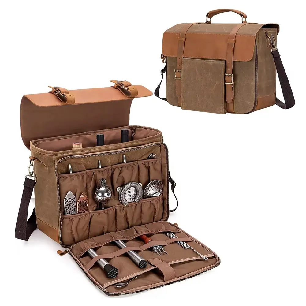 Vino Vintage Bartender Kit borsa in pelle tela cerata borsa rimovibile divisori attrezzatura da viaggio strumento barista borsa