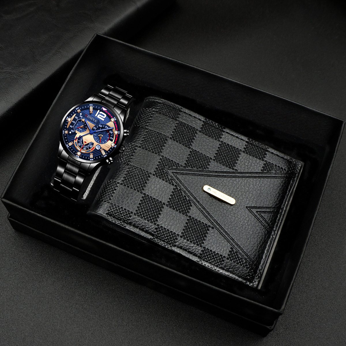 Black and blue watch + wallet + gift box