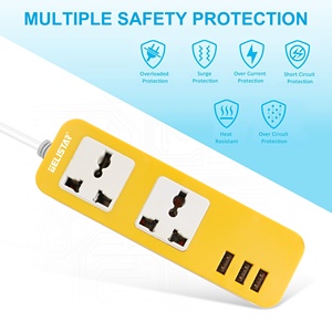 Customized <strong>Multi</strong> Plug Power <strong>Socket</strong> with <strong>3</strong> USB Ports <strong>and</strong> <strong>2</strong> Ways Universal Extension Cable Yellow Color Power Strip - Product Image 2