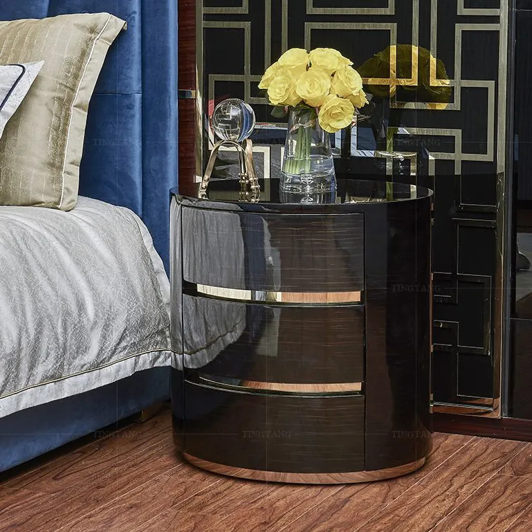 Гостиничная мебель для спальни, деревянный ночной столик из черного дерева, ящик для хранения, прикроватный столик, Круглый столешник, современная роскошная тумбочка