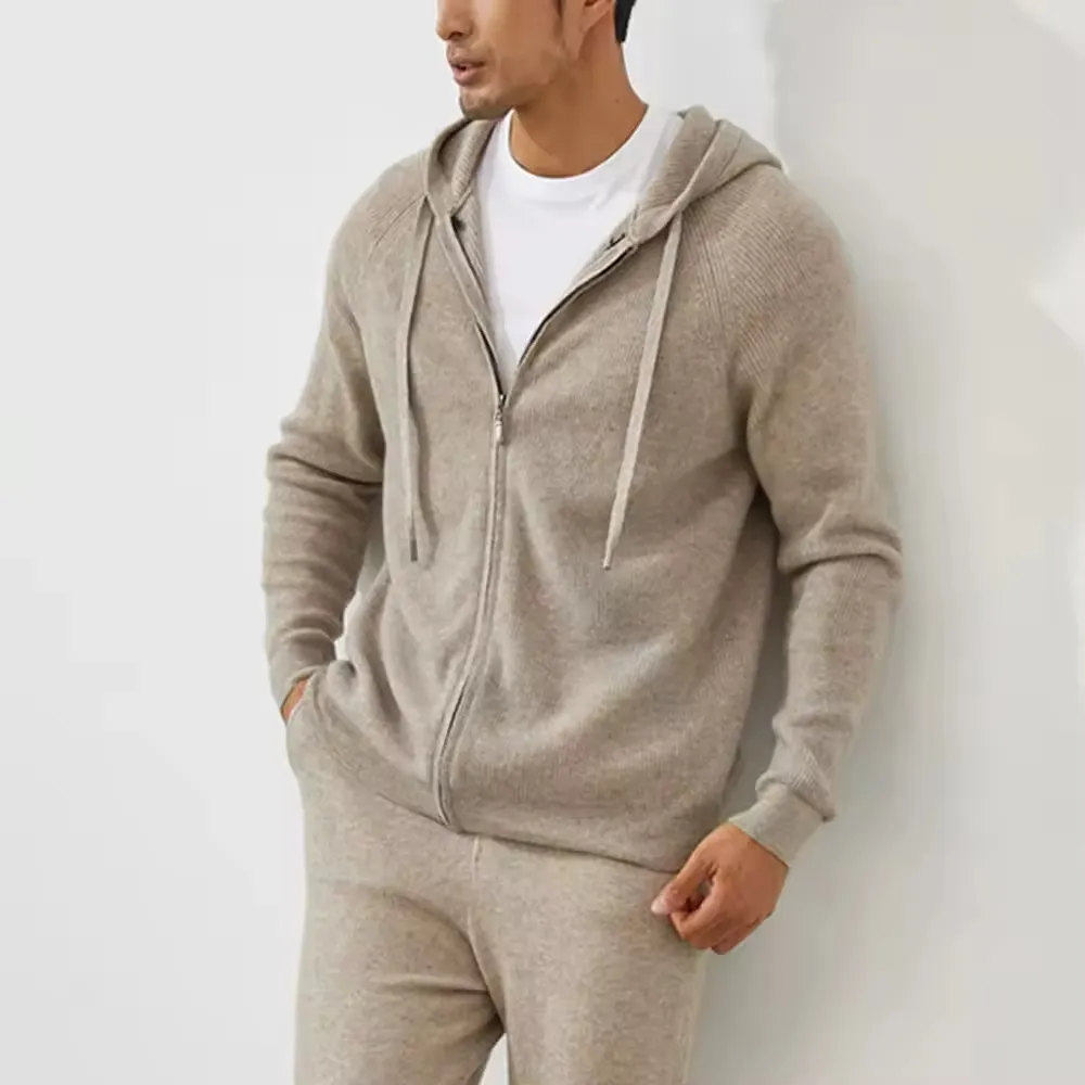 Logo personnalisé pour hommes pull à capuche zippé cardigan tricot tendance pulls en laine mérinos et cachemire biologique