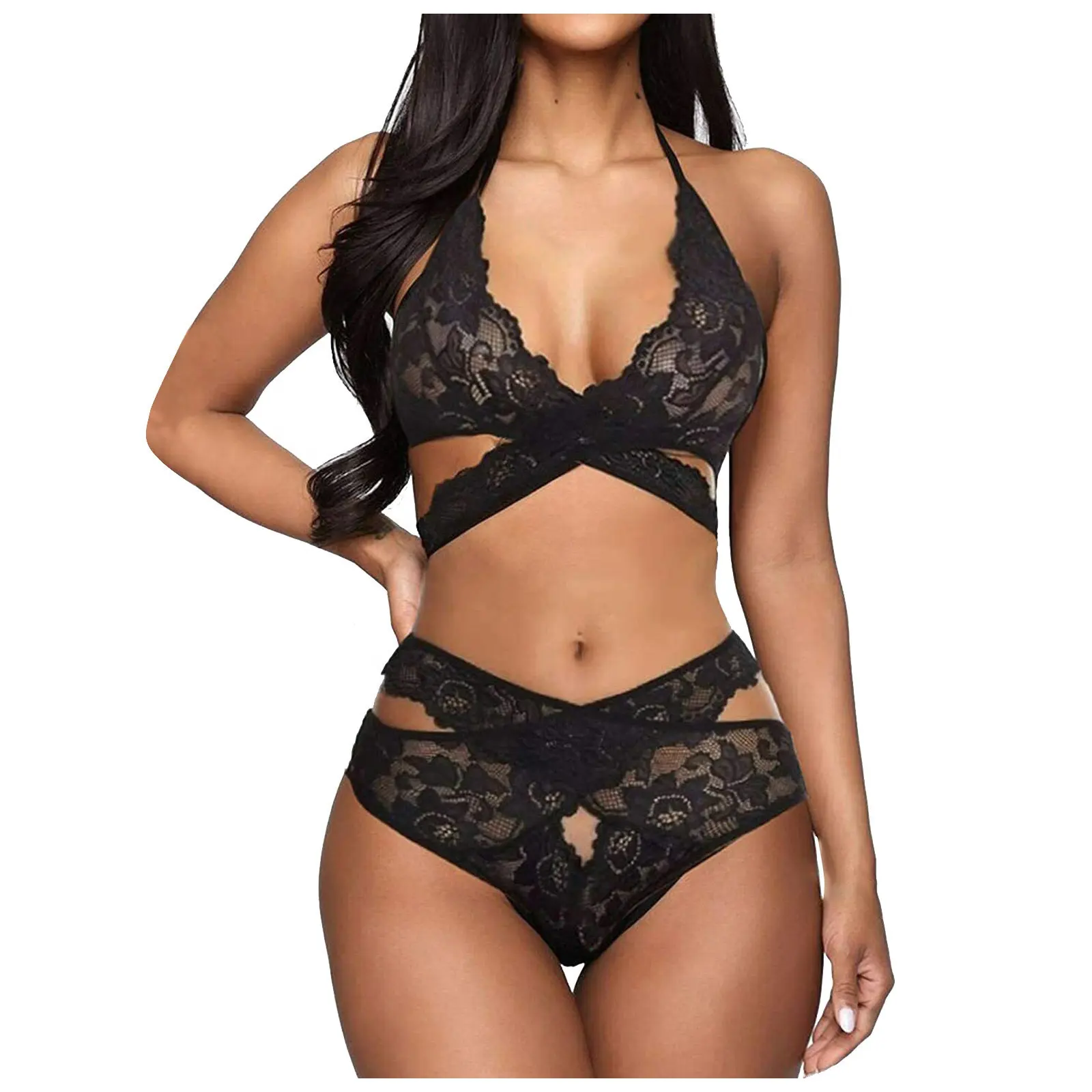 Conjunto de Sujetador de encaje transparente para mujer, lencería erótica, sujetador Halter y Braga, ropa interior Sexy para mujer, X2424, precio más bajo de fábrica, 2 uds.