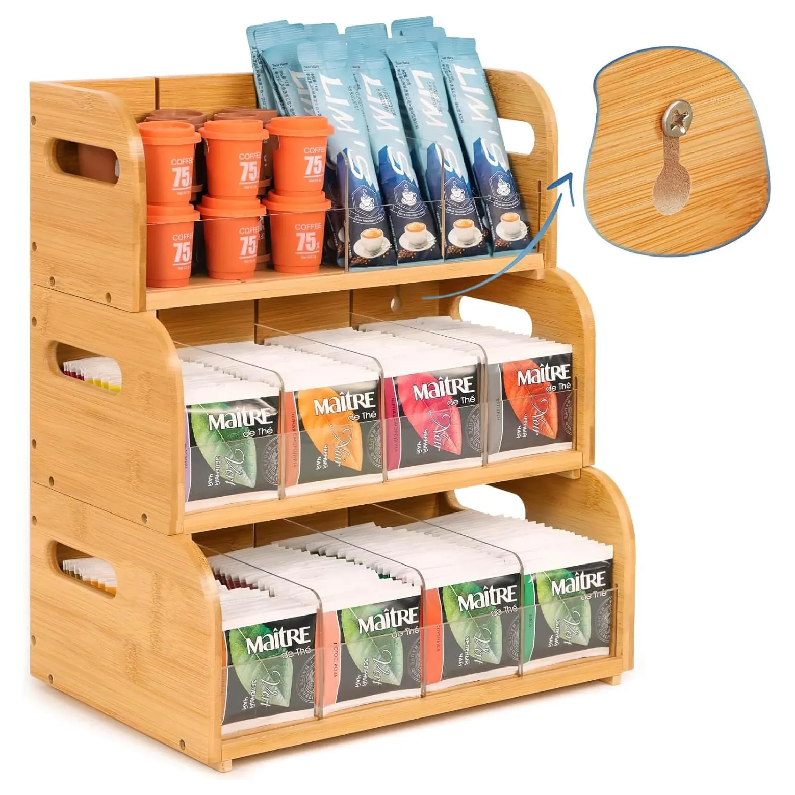 Organizador de bolsitas de té de bambú, diseño de té con soporte de almacenamiento apilado de 3 capas para bolsita de té, soporte de estación de madera, contenedores de caja de té