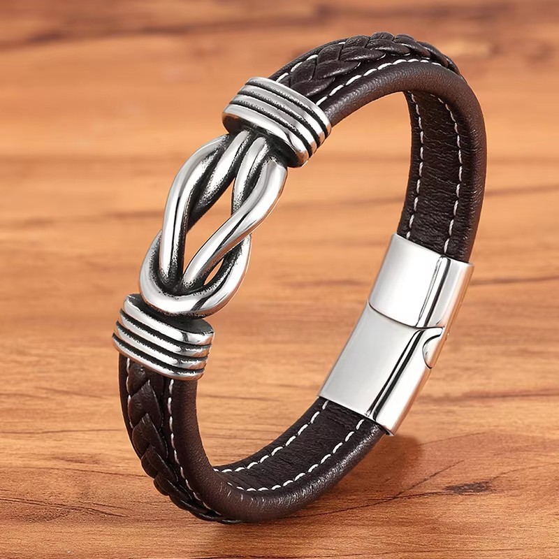 Brown leather +stainless steel metal