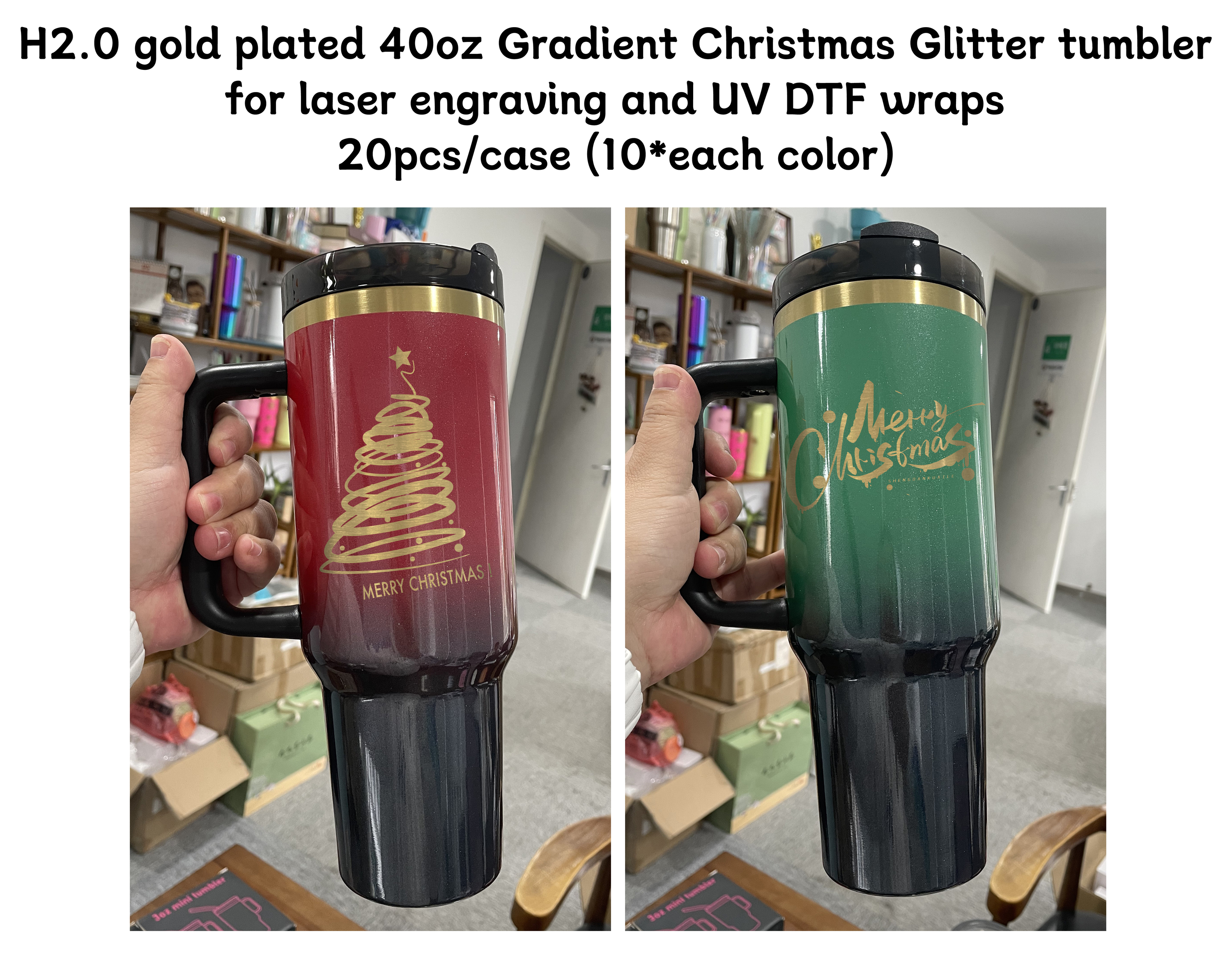 Gobelet de Noël à paillettes dégradées H2.0 plaqué or 40 oz