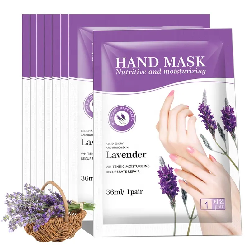 Guanti per mascheratura delle mani idratanti per la cura della pelle all'ingrosso cura delle mani di bellezza maschera per le mani sbiancante alla lavanda