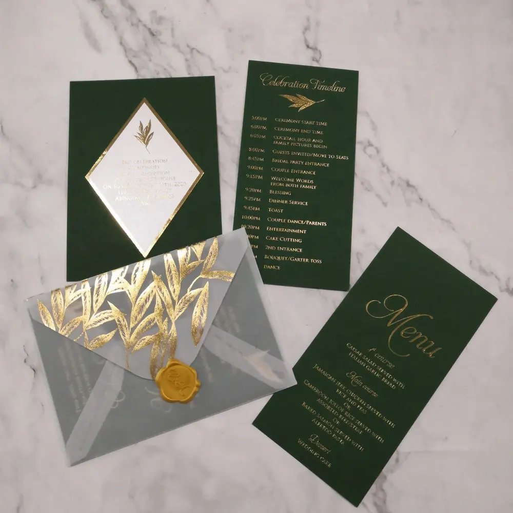 Rouleau de papier à traceur rouge, enveloppe en papier transparent, feuille d'or, vert foncé, invitations de mariage avec cartes de Menu