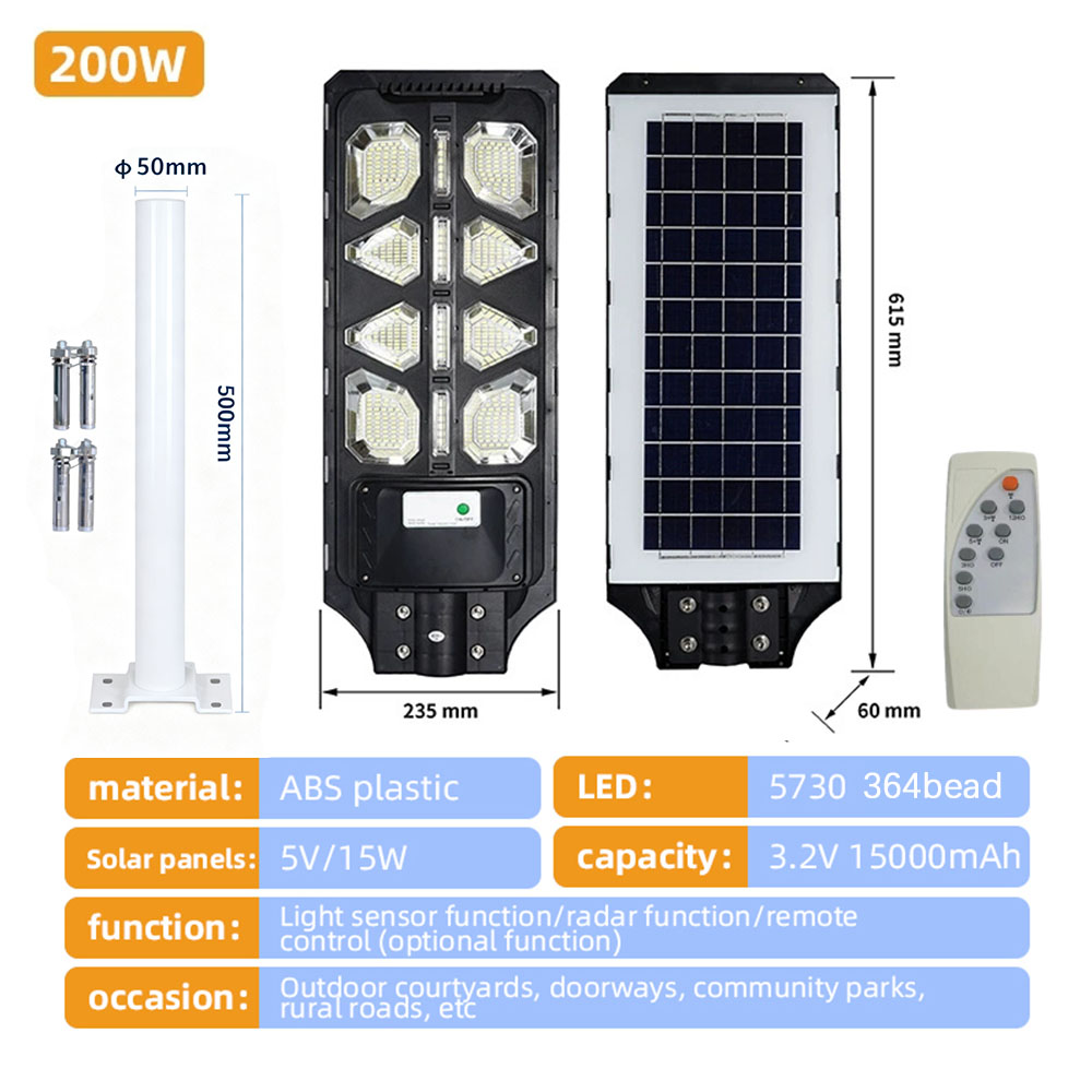 Lampadaire solaire 200W + support + télécommande