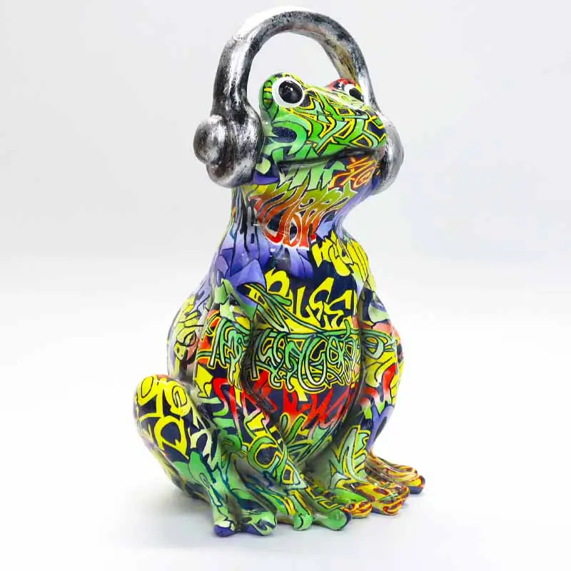 Alta qualità Home Office Cabinet Animal Sculpture Decor resina Graffiti Frog Statue con cuffie
