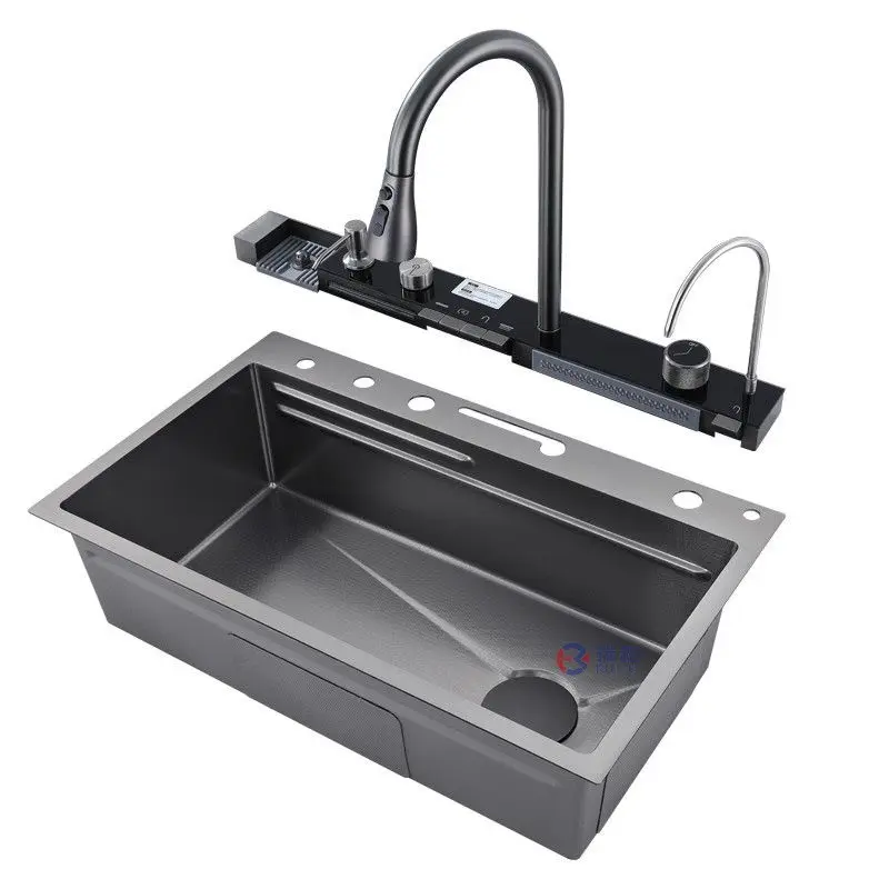 RUIHE-SX18 Led Handmade Black 304 Stainless Steel Waterfall Smart Multifunction Kitchen Sink