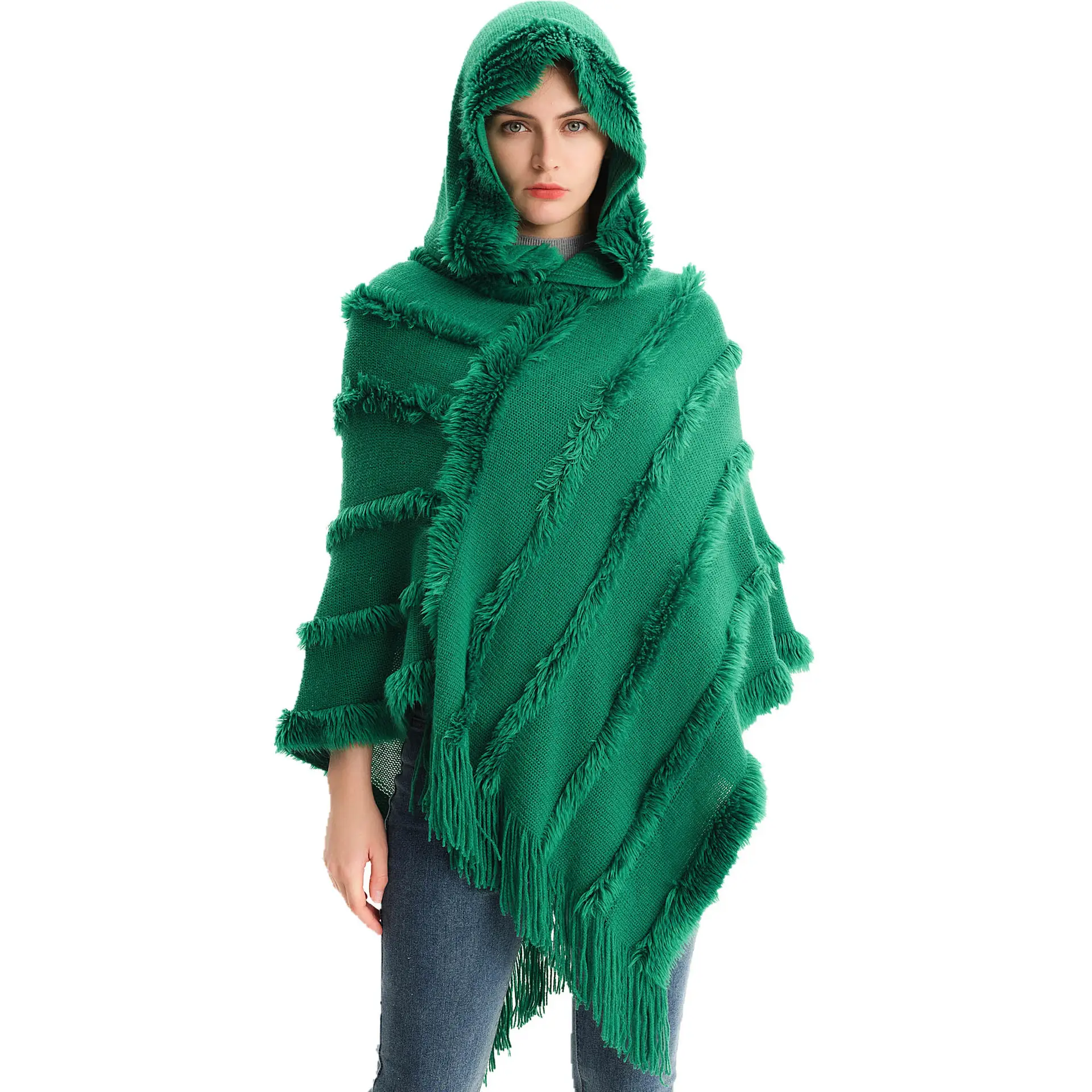 2023 nueva moda mujer capa con capucha Poncho suéter largo señoras flecos acogedor manta mexicana Sudadera con capucha W3077 manga de murciélago Top de punto