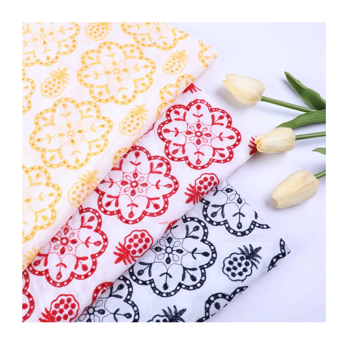 Customized colorful flower design white eyelet cotton embroidery fabric for garment