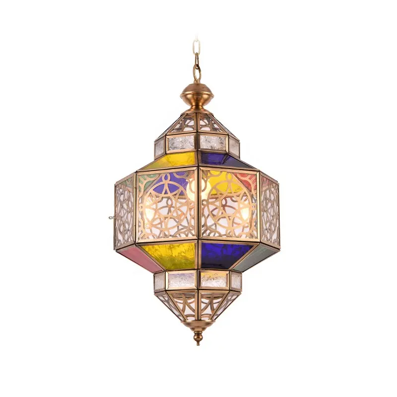 Марокканская медная резная Подвесная лампа, арабский коридор, ретро светодиодная декоративная большая стеклянная люстра для мусульманской мечети, красочная