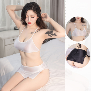 性感性感内衣女性真丝吊带上衣和丁字裤配迷你分开裙三件套7241