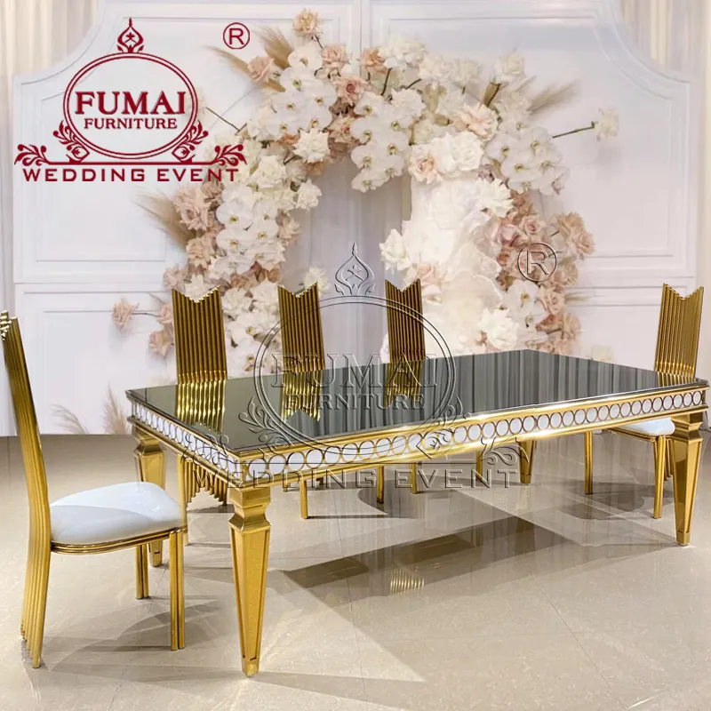4 Legs Gold Metal Frame Mirror Glass Top Luxury Stainless Steel Dining Table