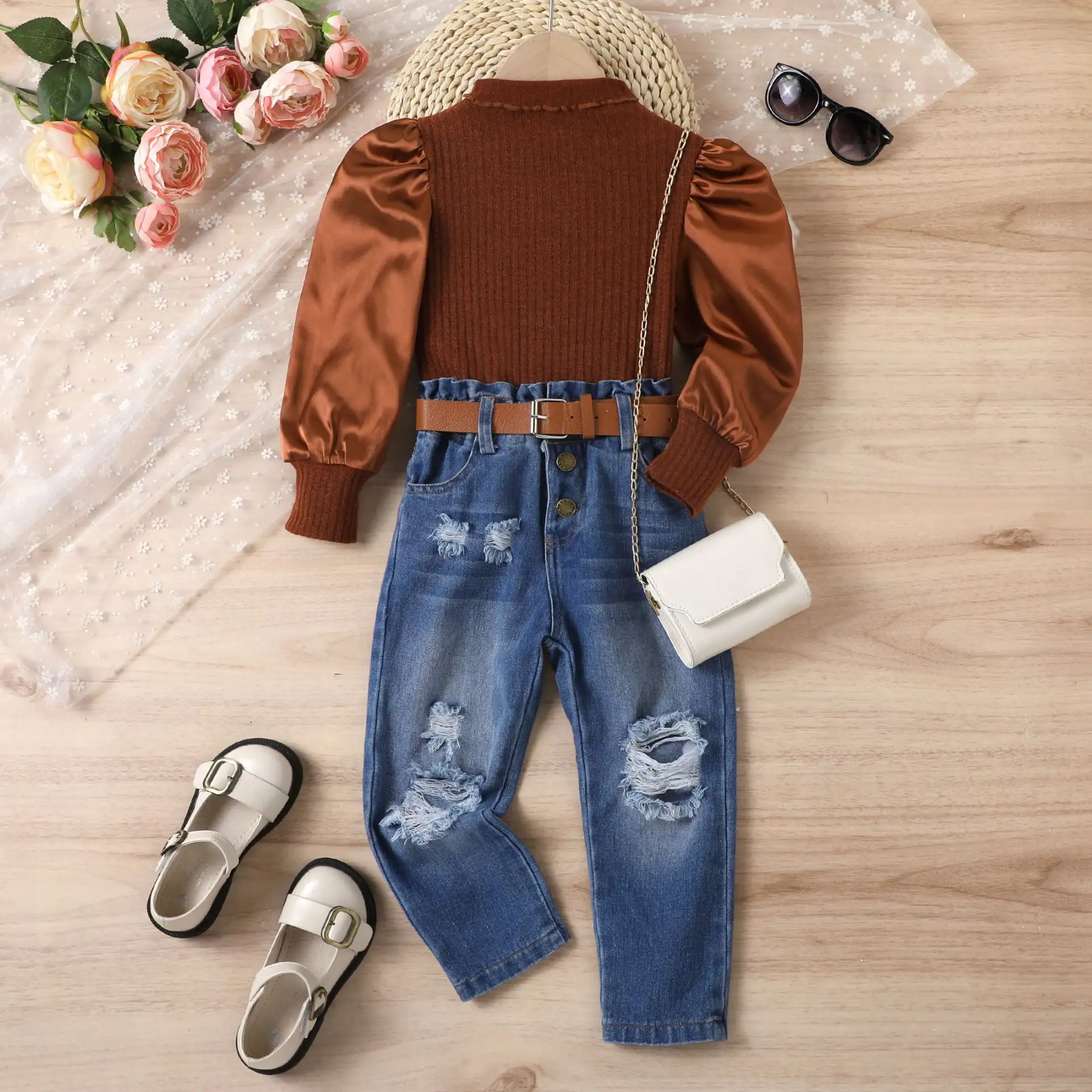 Autumn Fashion Children Cool Clothes Set Baby Girls Puff Sleeve Top + Ripped Jeans With Belts