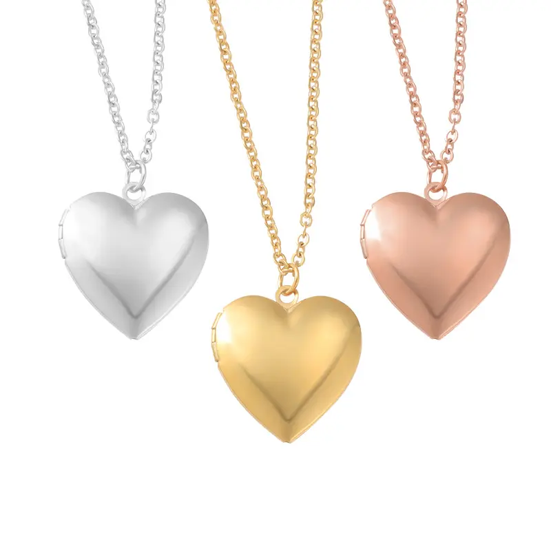 Collar de acero inoxidable chapado en oro de moda personalizado con caja de fotos geométrica en forma de corazón abierto para bodas, fiestas y regalos