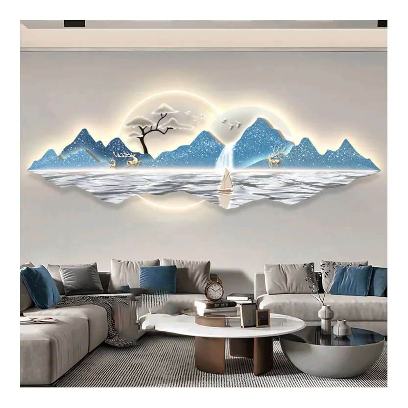 Nouveau salon peinture décorative moderne luxe fond tenture animale paysage peintures murales art mural avec lumière LED