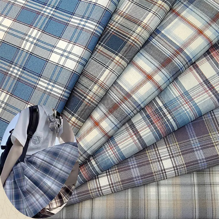 Çin ucuz ekose giyim kumaş moda ipliği boyalı % 100% Polyester kız JK etek ekose kumaş