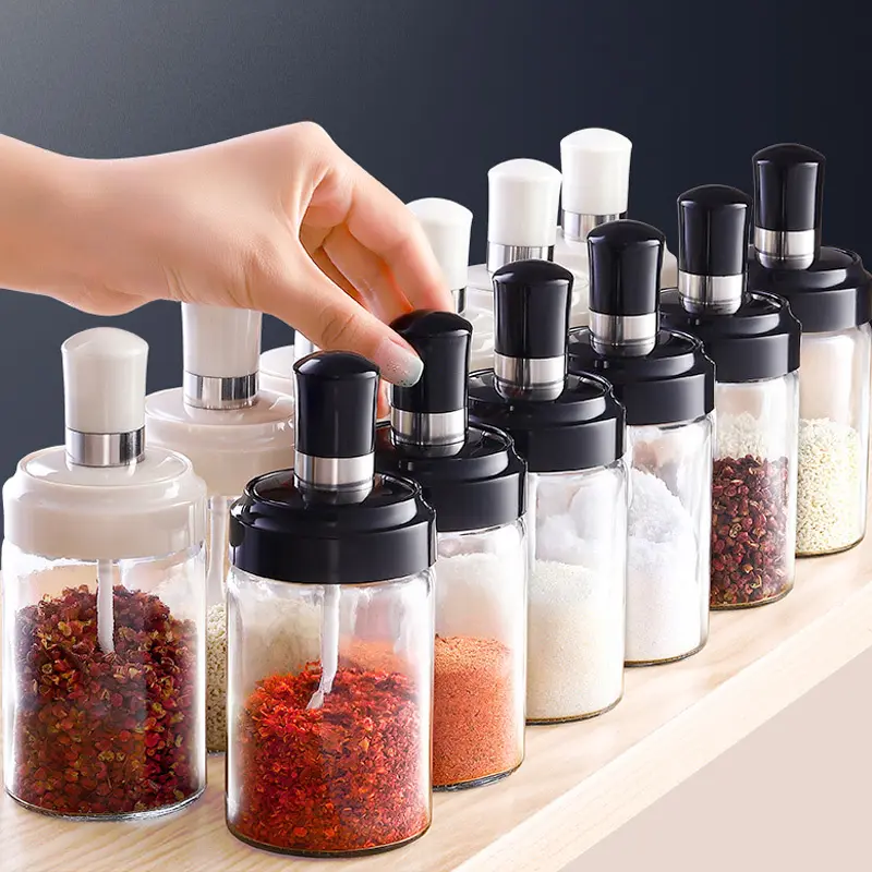 Wholesale 250ML Pepper Cruet Oil Bottle Spoon Cover Glass Honey Seasoning Bottle Moistureproof Kitchen Condiment Spice Jar