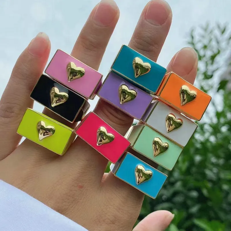 Moda colorido esmalte en forma de corazón anillo de dedo de latón joyería chapado en oro Hip Hop ajustable mujeres hombres anillo