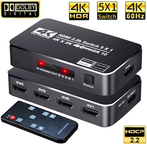 <strong>5</strong> In <strong>1</strong> Out 4K HDR 2.0 Switcher 5X1 <strong>5</strong> Ports 4K 60Hz <strong>Switch</strong> With IR Remote Control HDCP 2.2 10 Converter For PS4 <strong>5</strong> - Product Image 2