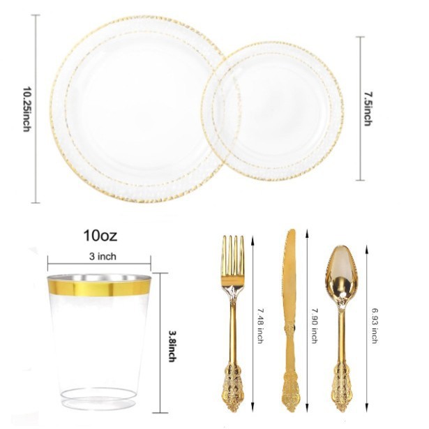 Plato de granada con borde dorado y fondo transparente, borde dorado de 12 oz