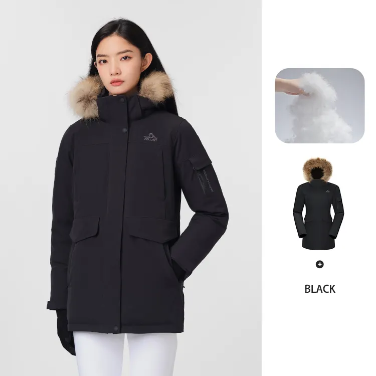 Cómodo ecológico OEM señoras invierno blanco pluma de ganso abajo impermeable 650 relleno montaña al aire libre parka abajo chaqueta