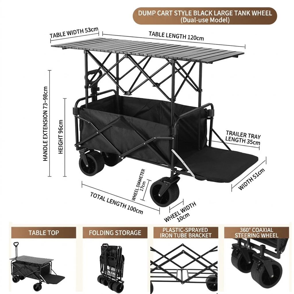 black, dual brakes, rear-folding, height adjustable, extendable