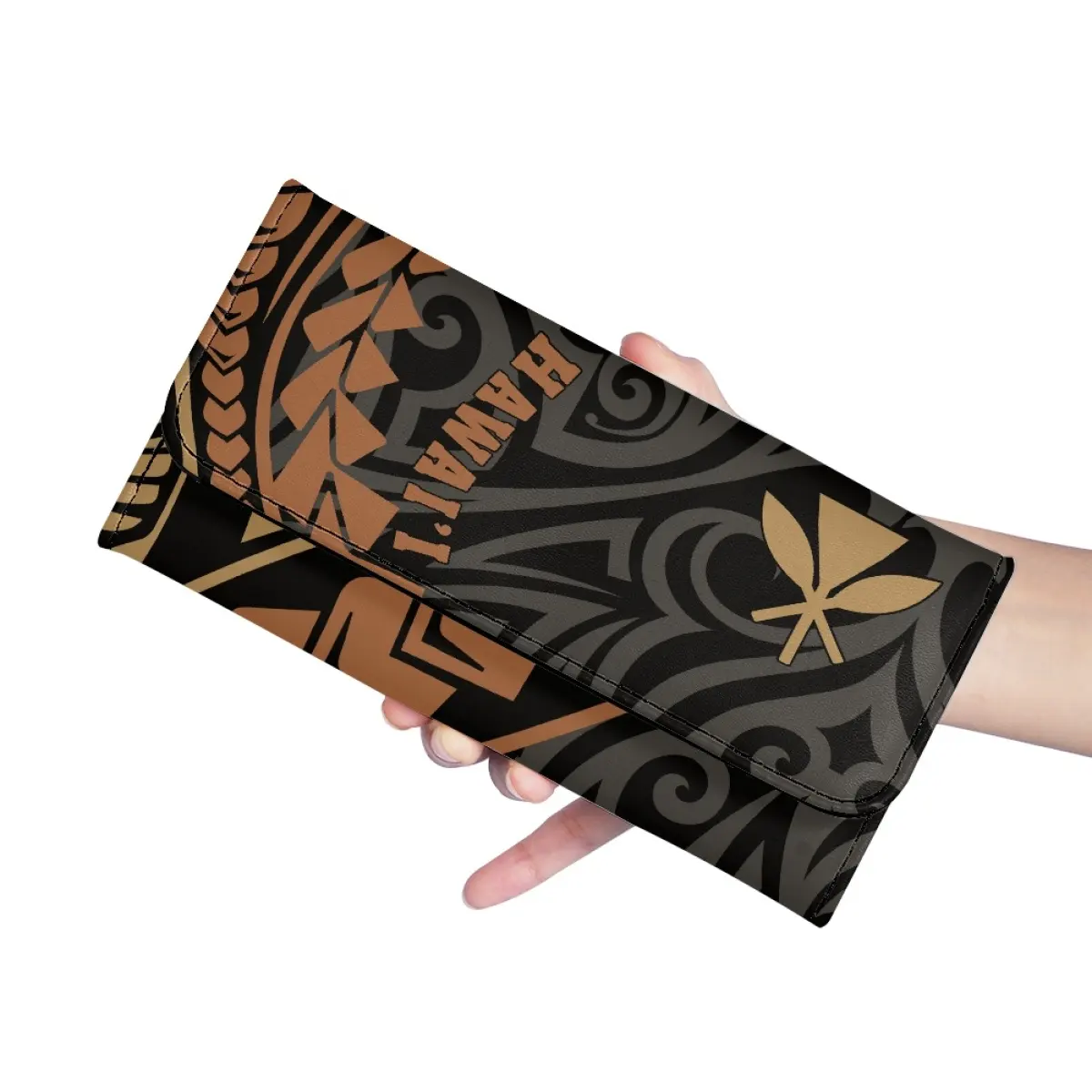 Высококачественный Длинный складной бумажник из искусственной кожи, Hawaii, с принтом логотипа, с принтом по требованию, с застежкой на пуговицах, длинный трехстворчатый кошелек