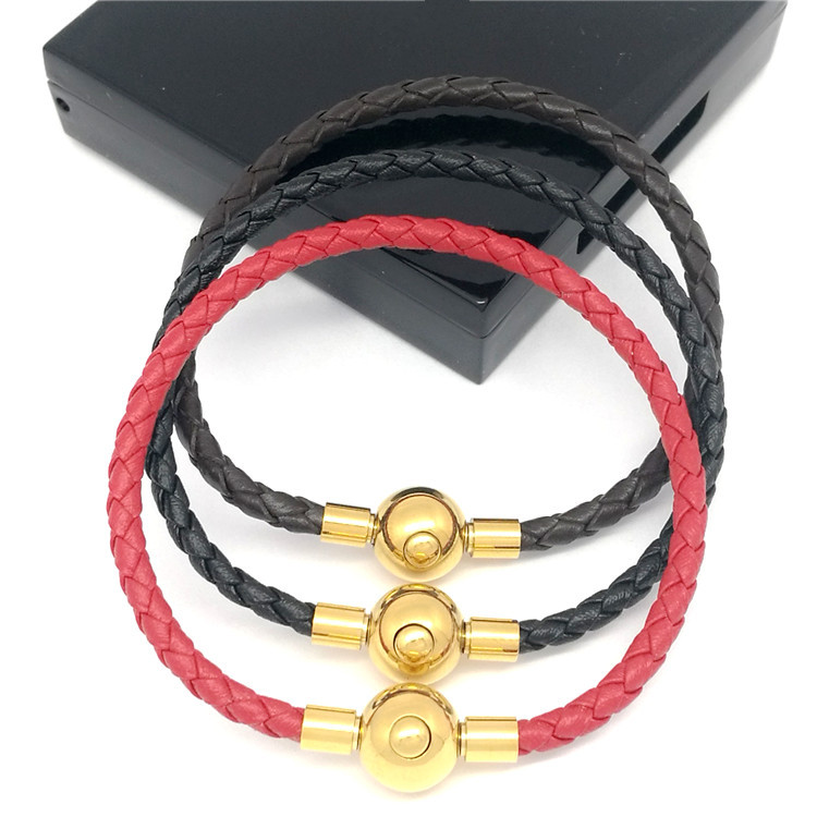 Gold 3mm button, brown PU leather cord, 17-20cm