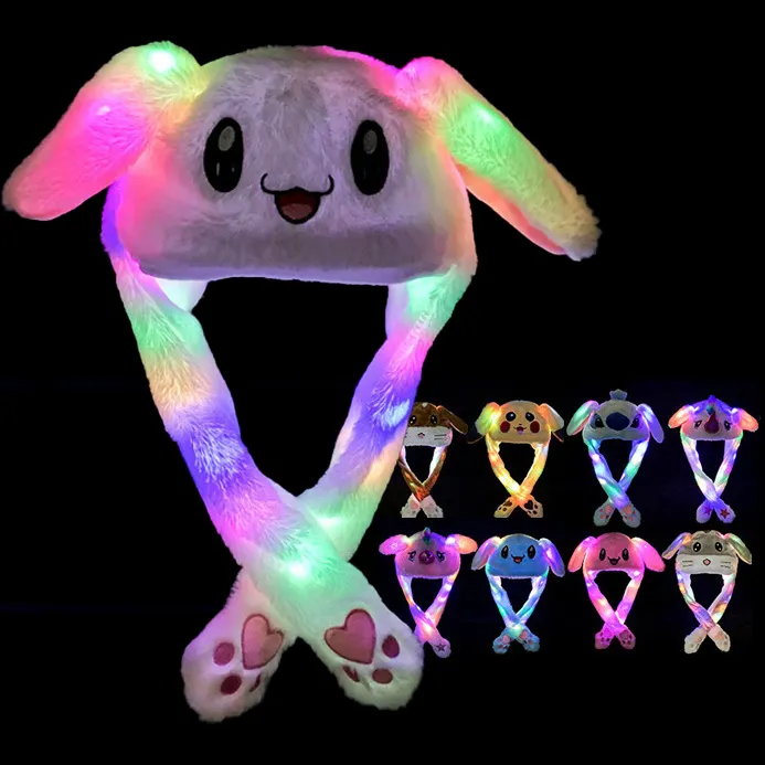 Kawaii-Sombrero de felpa con luz led brillante, gorro de Cosplay con solapa y dibujo animado de conejo, bonito gorro de felpa, venta al por mayor