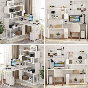 Mesa de trabajo blanca moderna, escritorio de oficina, escritorio de madera para juegos de ordenador PC, mesas de ordenador con estantería - Product Image 2