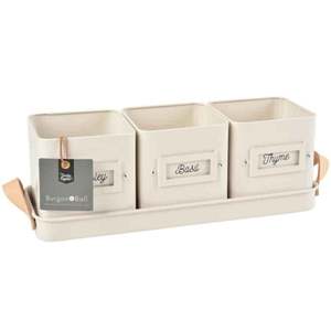 Wholesale Rectangular Herb Planter <strong>Plant</strong> <strong>Pot</strong> Herbs 3 Herb <strong>Pots</strong> With Leather Handled Tray <strong>Stone</strong> - Product Image 1
