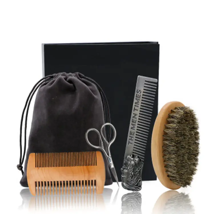 Popular 4pcs mens care beard grooming kit beard wood brush and comb trimmer set with barber hair scissor