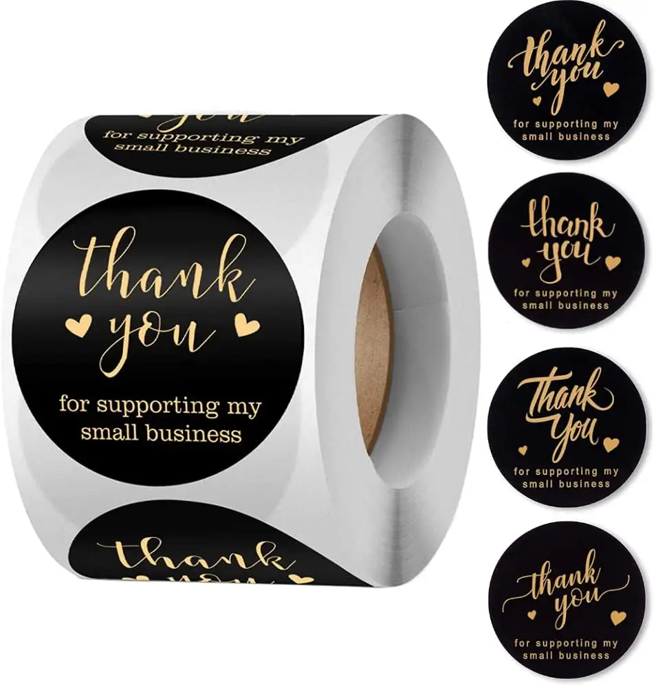 Rollo de papel de aluminio dorado autoadhesivo impermeable, pegatinas de etiqueta de embalaje de agradecimiento, logotipo personalizado, agregar código de escaneo