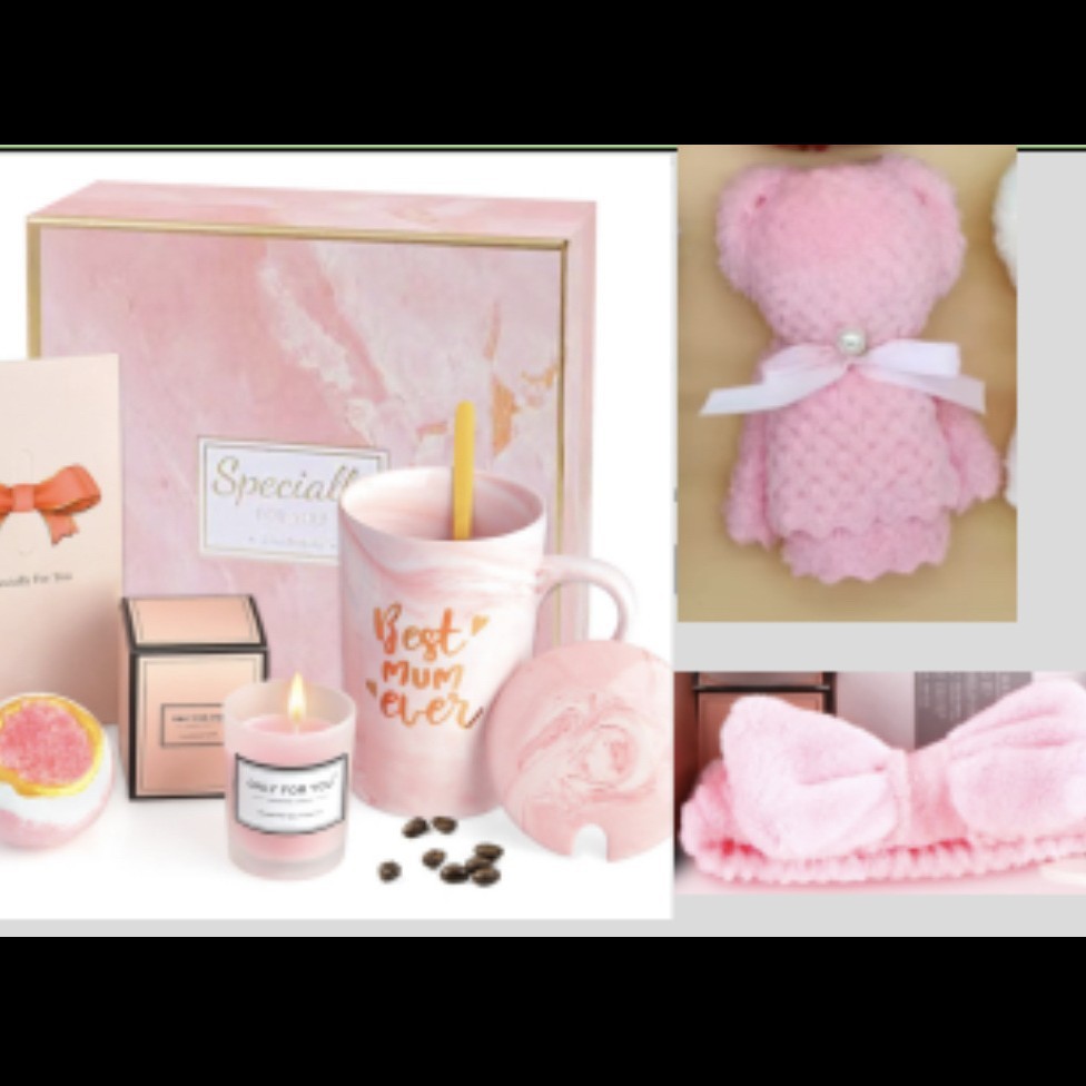 tazza rosa coperchio cucchiaio carta candela palla da bagno confezione regalo fascia per capelli orso