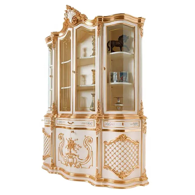 Armário de madeira maciça de luxo para exibição de móveis antigos, estilo europeu, vitrine de vidro Royal Curio esculpida à mão
