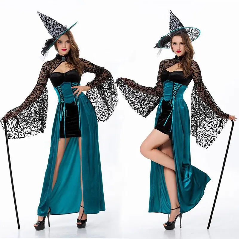 Fantasia feminina, vestido longo cosplay de bruxa para mulheres, primavera e outono de halloween, vestidos com chapéu