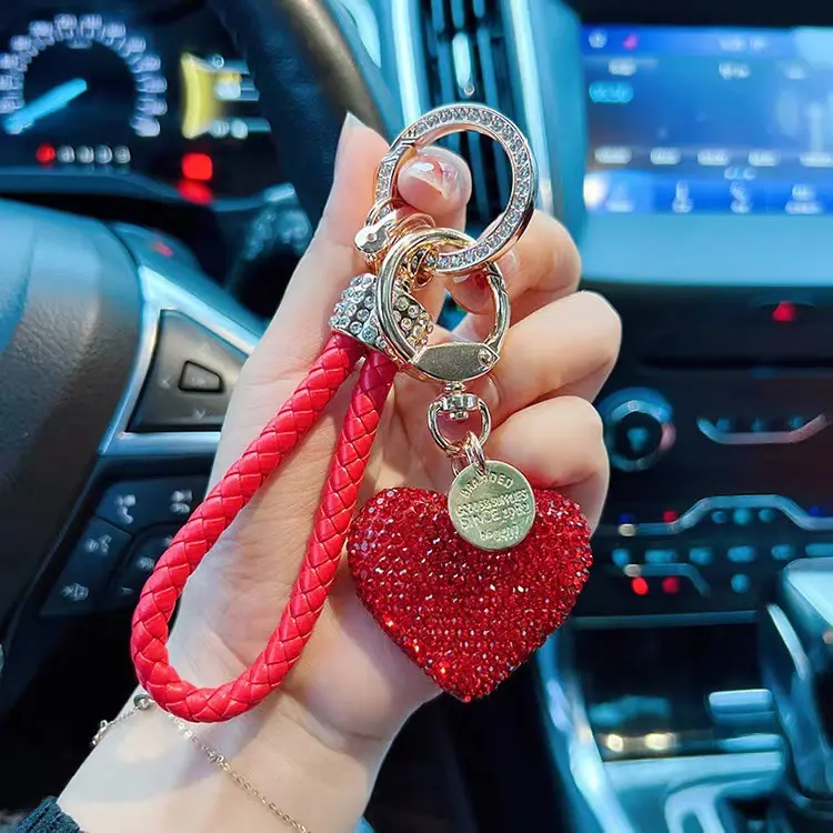 Amerikan sıcak satış kil taklidi araba anahtarlık moda tam elmas kristal kalp şekli Schoolbag araba anahtarı Keyhain