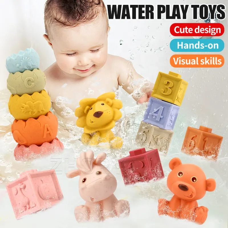 Zhorya silikon banyo oyuncak 14 adet yumuşak yapı taşı setleri eğitim Montessori oyuncaklar bebek su püskürtme seti