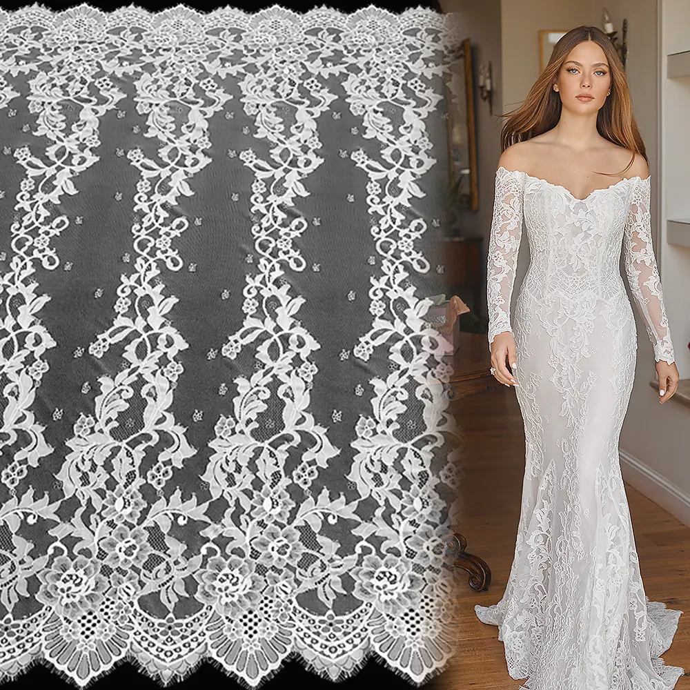 85-100Yanzi Good Quality Eyelash Nylon White Fabric Blouse Laces Fabrics Women Wedding garment fabric