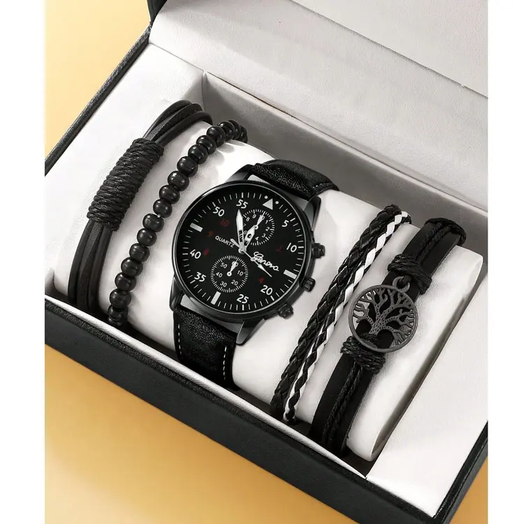 6043 Relógio de luxo masculino com números de quartzo, conjunto de 4 peças de relógio vintage com pulseira trançada e pulseira de pulseira de couro, novidade