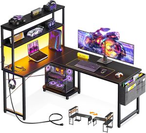 AJUNION Escritorio en forma de L de 53 pulgadas con iluminación LED, escritorio Reversible para juegos, tomas de corriente, mesa de ordenador de esquina con estantes de almacenamiento - Product Image 1