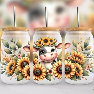 100 + yayla inek ayçiçeği 16oz UV bardak Wrap çıkartmalar yaz çiçekler buzlu cam 3D suluboya çiçek UV Libbey fincan çıkartmaları