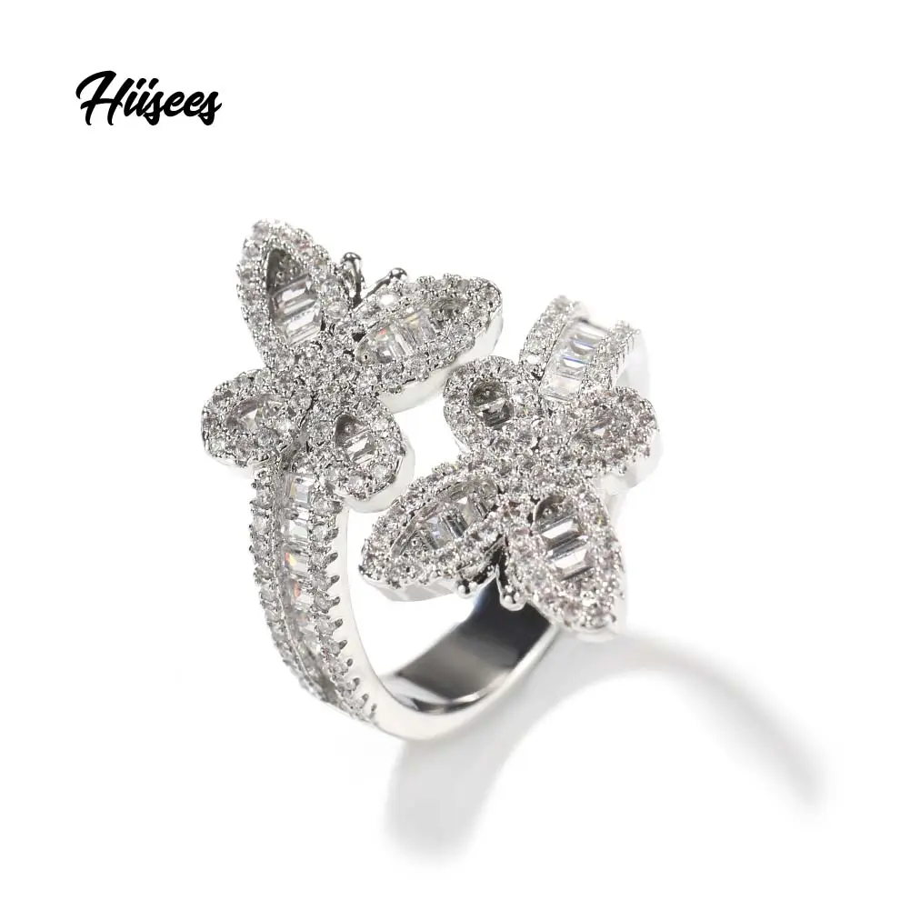 Personalizado chapado en oro blanco anillos de tamaño variable joyería baguette circón cúbico diamante mariposa anillo para las mujeres