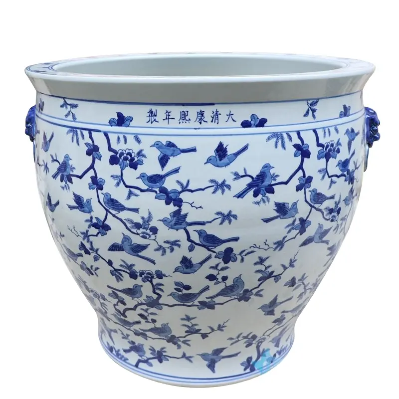 RYLU176-I Antique en céramique bleu et blanc décoré avec motif d'oiseaux bocal à poissons