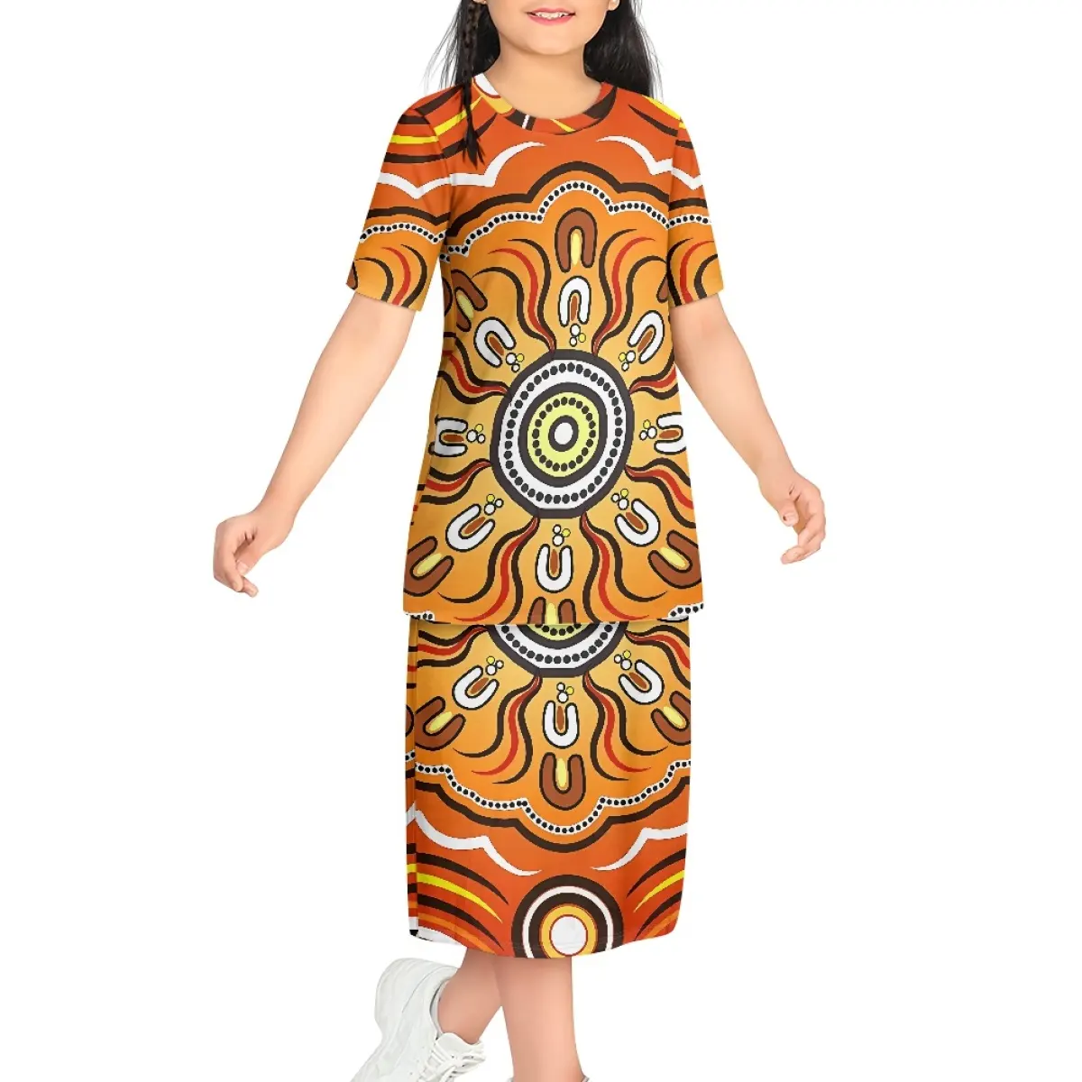 Vestido largo de manga corta cómodo con patrón de arte indígena australiano Puletasi personalizado para niña, vestido Maxi para vacaciones, escuela, playa, chico