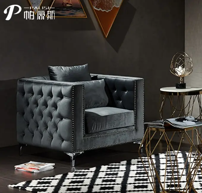 Classic Armchair Design Home Furniture Living Room modern single seat sofa Tufted Velvet Grey Sofa chair with cushion