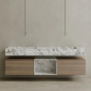 Sicily grigio marmo galleggiante doppio lavello lavabo sovradimensionato mobile da bagno a parete con cassetti in legno - Product Image 6